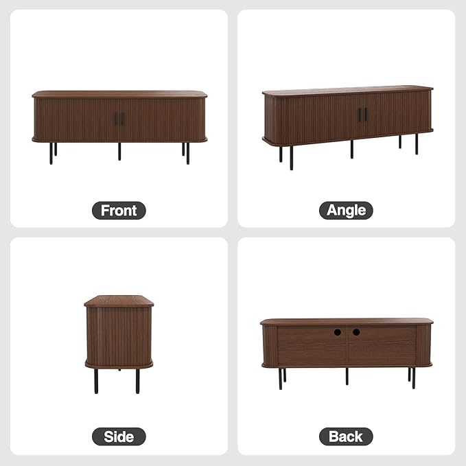55" Mid Century Modern Fluted TV Stand for TVs up to 65 Inch, Gaming Entertainment Center with Tambour Slatted Sliding Doors, Media TV Consoles Table for Living Room, Walnut