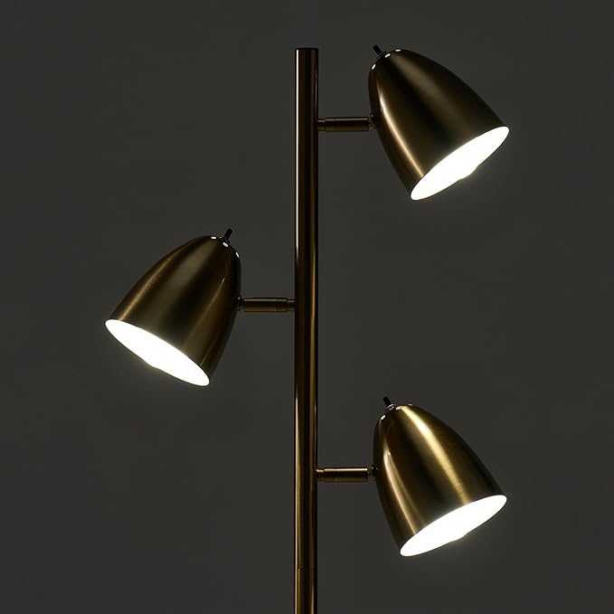 Brightech Jacob LED Standing Lamp, Modern Bright Floor Lamps for Living Rooms & Bedrooms, Tall LED Lighting Lamp with Adjustable 3 Light Tree – Antique Brass/Gold