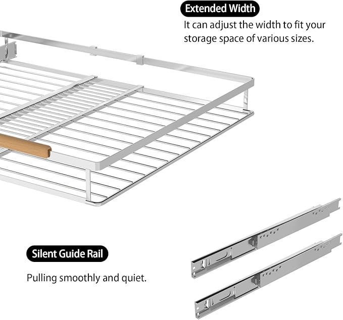 Pull Out Cabinet Organizers,Expandable Cabinet Wire Shelf,Slide Out Kitchen Drawers,D:17” x W:16”-26”,2 Packs of Stainless Steel Gliding Cupboard Shelves for Home Kitchen Pantry Cupboard Pots Pans