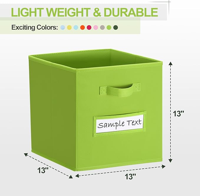 artsdi 13x13 storage cube bins (Set of 10) Foldable Fabric storage cubes with 10 Labels Window Cards & a Pen,13 inch cube storage bins,Closet Organizers for Shelves,Cubby Organizer Boxes,lime green