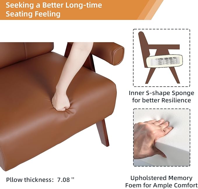 AODAILIHB Mid Century Modern Chairs Set of 2 Brown Leather Accent Chair Wood Arms with Soft Bag Living Room Chairs with Thick Cushion Comfy Side Waiting Room Chairs Bedroom/Office (2, Brown)