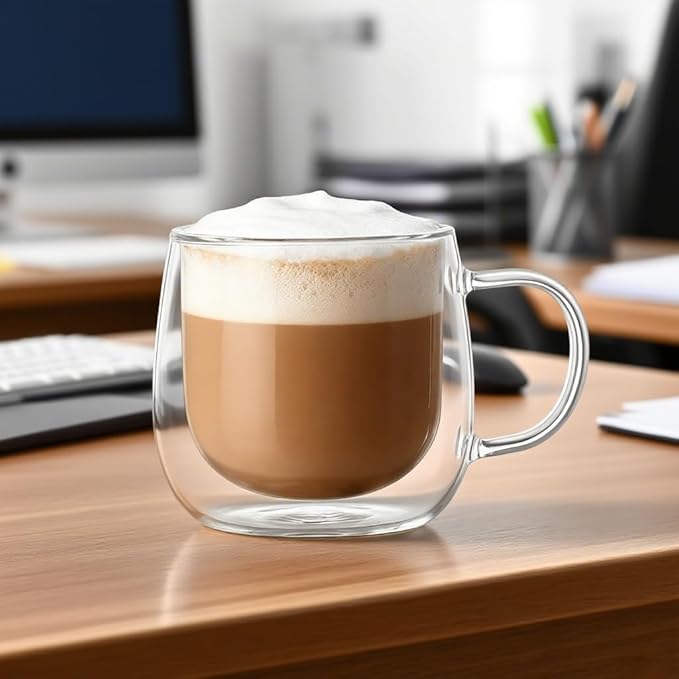 10oz Double Walled Glass Coffee Mugs Set of 2, Clear Insulated Mug for Cappuccino, Latte, Borosilicate Glass Cup, Heat & Cold Resistant Glasses