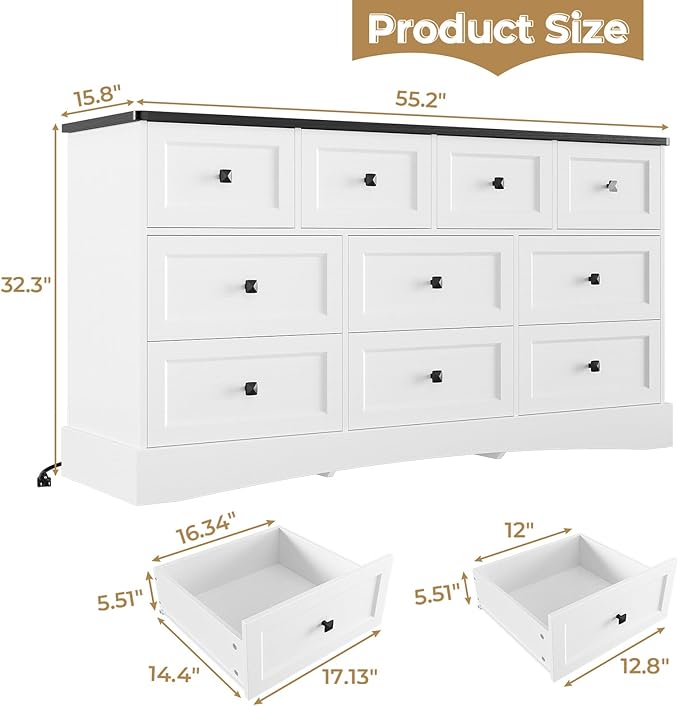 Hasuit Dresser for Bedroom with 10 Drawers, 55.2" Long Dressers with Charging Station, Farmhouse Chest of Drawers, Large Wooden Storage Tower Organizer, Dresser for Bedroom Closet, White and Black