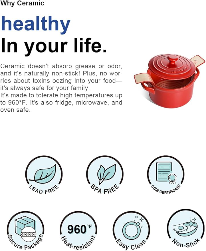 LE TAUCI 3 qt Ceramic Dutch Oven for Bread Baking with Silicone Sling- Lightweight, Non-Toxic, No Seasoning Needed- Oven, Microwave & Dishwasher Safe, Ideal for Home Bakers & Beginners, Chili Red