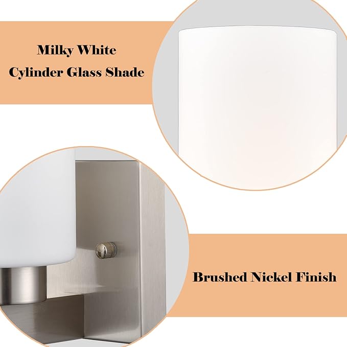 Modern Wall Sconces Set of Two Brushed Nickel Bathroom Vanity Light with Milky White Cylinder Glass Shade