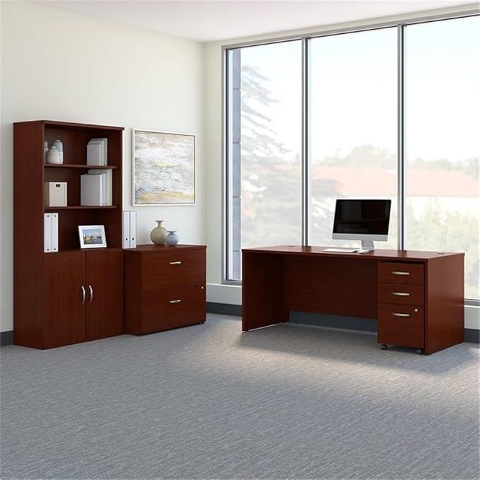 Bush Business Furniture Series C 72W Office Desk with Bookcase and File Cabinets in Mahogany