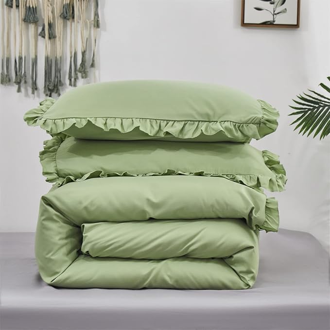 Luxlovery Sage Green Ruffle Comforter Set Queen Light Green Farmhouse Bedding Comforter Set Full Shabby Chic Solid Blanket Quilts Soft Breathable Vintage Bedding Set