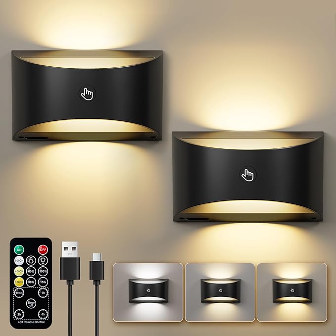 Brightown Magnetic Wall Sconces Set of Two, Rechargeable Battery Powered Wall Sconce with Remote Control, 3 Colors Wireless Up and Down Wall Mount Light for Hallway Bedroom Bedside Living Room (Black)
