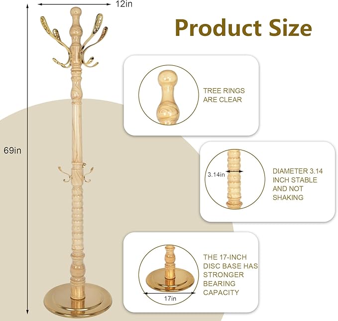 73”Vintage Wooden Coat Rack Freestanding With 14 Hooks and Sturdy Round Base。3-level Adjustable Vintage Wooden Coat Rack.Coat Rack Stand for Living Room Bedroom Office