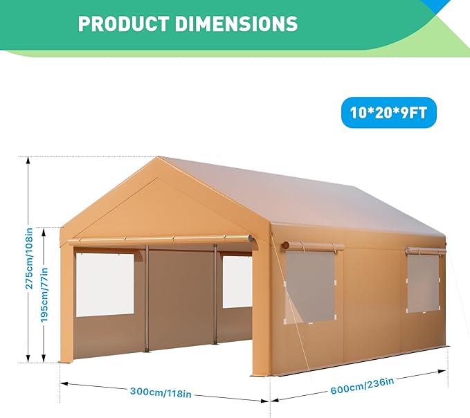 10X20 Ft Heavy Duty Carport Canopy, Portable Garage, Car Tents, Easy to Assemble, Reinforced Structure, with Hanging Edge, Applicable to Car, Bike, Boat, Party (Yellow)