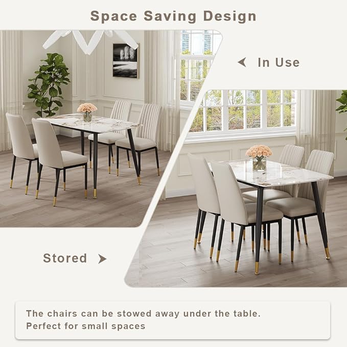 5 Pieces Modern Marble Dining Table Set, 50" Rectangular Sintered Stone Tabletop Kitchen Table with 4 PU Leather Chair Dinner Table Set for Kitchen Dining Room(Marble+4Gray Chairs)