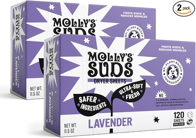 Molly's Suds Fabric Softener Dryer Sheets for Sensitive Skin | Plant-Based Static Reducer, Plastic-Free Packaging | Bundle of 2, Lavender (240 Sheets Total)