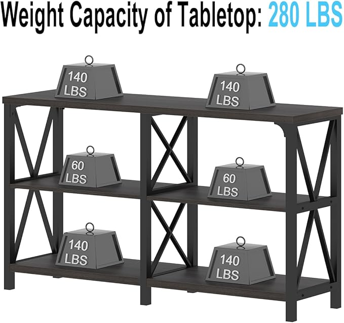 IBF Console Sofa Table, Industrial Metal Wood Entryway Table, Modern Hallway Foyer Table Behind Couch Table, 3 Tier Entry Table with Storage Shelves for Living Room Bedroom, Dark Gray Oak, 55 Inch