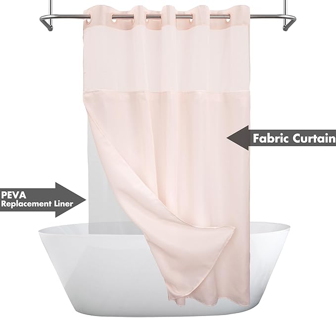 No Hook Slub Textured Shower Curtain with Snap-in PEVA Liner Set - 71" x 74"(72"), Hotel Style with See Through Top Window, Fabric Outer Curtain & Waterproof Inner Liner, Pink, 71x74