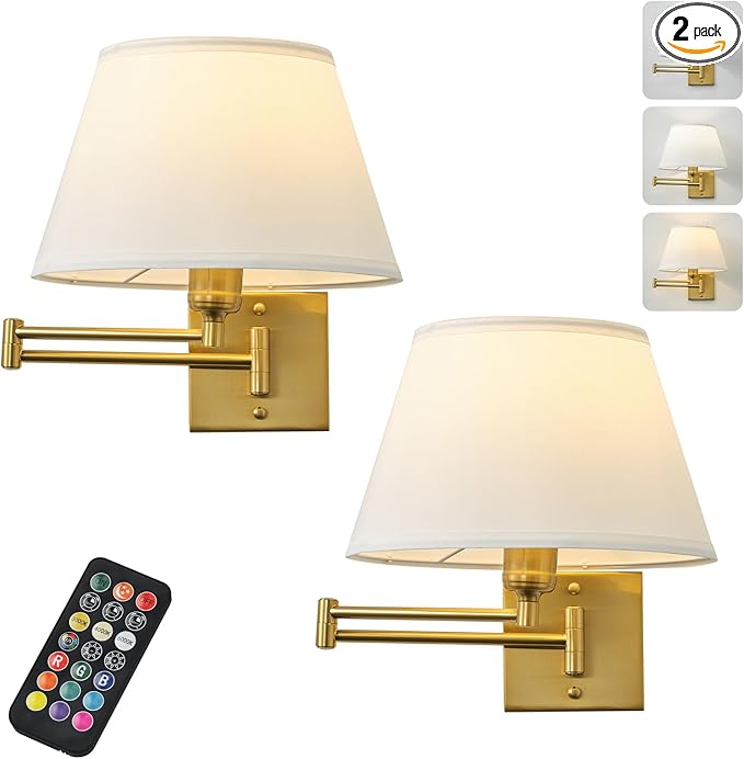 Battery Operated Wall Sconces Set of Two with Remote Control, Rechargeable Cordless Swing Arm Wall Lamp, Dimmable/3 Colors/9 RGB/Night Light/Timer, Gold Wireless Wall Sconces, No Hardwired