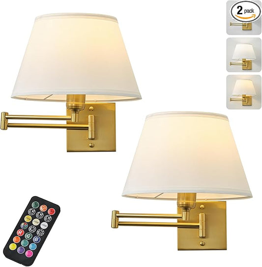 Battery Operated Wall Sconces Set of Two with Remote Control, Rechargeable Cordless Swing Arm Wall Lamp, Dimmable/3 Colors/9 RGB/Night Light/Timer, Gold Wireless Wall Sconces, No Hardwired