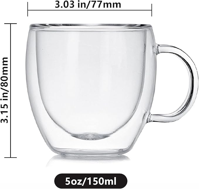 Espresso Cups Set Of 2 5 Oz, Double Walled Glass Coffee Mugs with Handle,Insulated Layer Coffee Cups,Clear Borosilicate Glass Mugs,Perfect for Cappuccino,Tea,Latte,Espresso,Hot Beverage,Wine