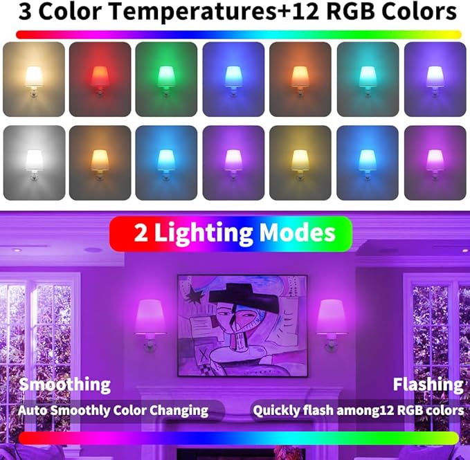 Battery Operated Wall Sconces Set of Two, White Wireless Sconces Set of 2 with Remote, 12RGB Color Rechargeable Cordless Sconces Wall Lighting, Wall amp with Retachable Bulb for Bedroom Living Room