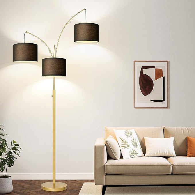 Nintiue Dimmable Floor Lamp - 3 Lights Gold Floor Lamps for Living Room with Black Shades & Heavy Base, Mid Century Tree Floor Lamp for Bedroom Office, 3 LED Bulbs Included