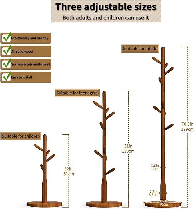 Solid Wood Round Base Coat Rack, Free Standing Hall Coat Tree with 8 Hooks（+2 spare for Coats, Hats, Bags, Purses, for Entryway, Hallway, Rubberwood Hooks,Base and Pole(Round Base,Brown)