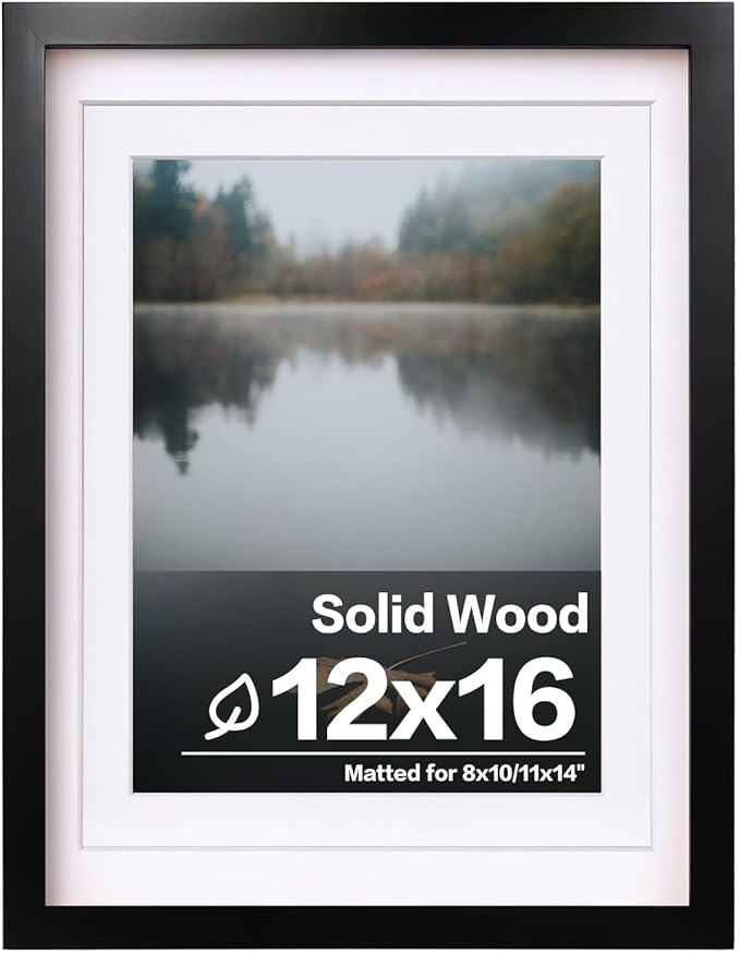 Egofine 12x16 Picture Frame Black Covered by Plexiglass Made of Solid Wood, Display Pictures 9x12 and 11x14 with Mat or 12x16 Without Mat for Wall Mounting Photo Frame