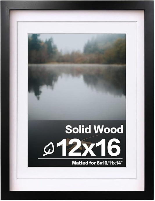 Egofine 12x16 Picture Frame Black Covered by Plexiglass Made of Solid Wood, Display Pictures 9x12 and 11x14 with Mat or 12x16 Without Mat for Wall Mounting Photo Frame