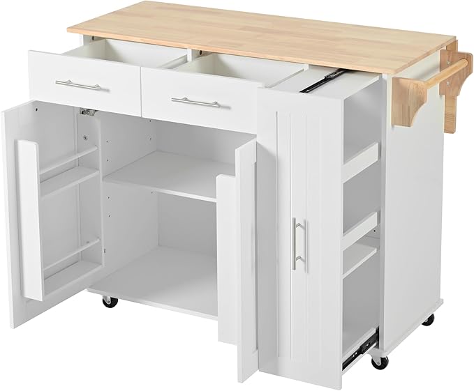 Kitchen Island with Drop Leaf, Kitchen Storage Cart with 3 Tier Pull Out Cabinet Organizer, Internal Storage Rack, Rolling Kitchen Cart on Wheels with Towel Rack, 2 Drawers, for Kitchen, White