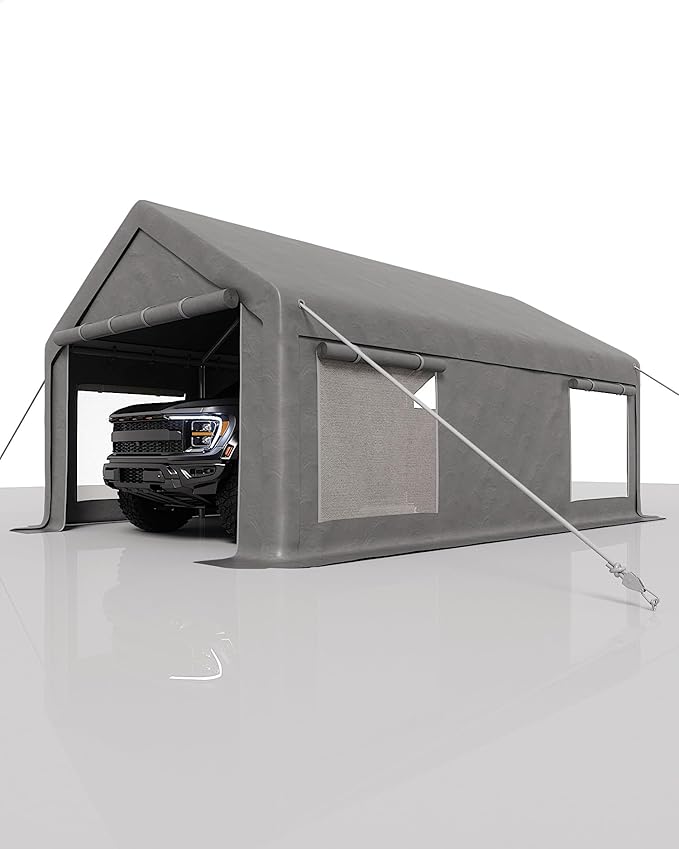 13x20 Ft Carport with 8 Sandbags, Car Port with 220g PE Tarp, 2 Roll-Up Doors, and 4 Windows, for Full-Size Pickups, Bass Boats, Tractors, and SUVs, Gray