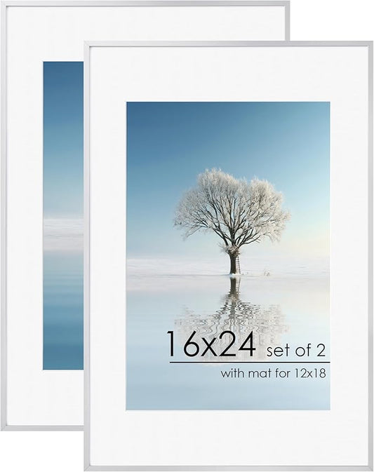 16x24 Metal Aluminum Picture Frame With Mat For 12x18 | Minimalist Modern Poster Frame With Tempered Glass | Hanging Hardware Included | Set of 2, Silver