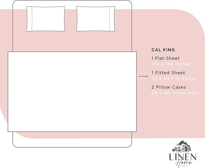 Linen Home 100% Cotton Percale Sheets California King Size, English Rose, Deep Pocket, 4 Pieces Set - 1 Flat, 1 Deep Pocket Fitted Sheet and 2 Pillowcases, Crisp Cool and Strong Bed Linen