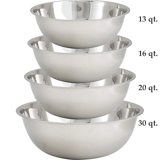 Tiger Chef Large Stainless Steel Standard Weight Mixing Bowls Set, Mirror Finish - Set Includes 13, 16, 20, and 30 Quart.