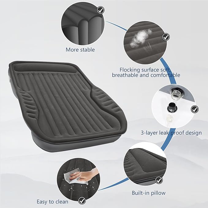Self-Inflating SUV Air Mattress with Built in Electric Pump，car air Mattress with Pillow for Trunk，Portable car Mattress for Travle and Camping, Black