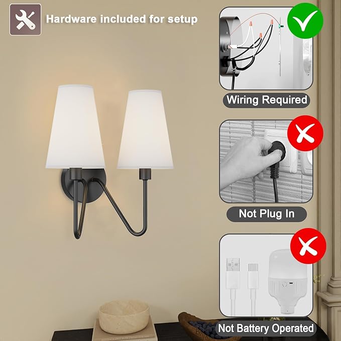 Electro bp;Double Head Classic 2 Lights Wall Sconces Lighting Fixture Black with Cream White Linen Fabric Lamp Shades E12 80W Hardwired;