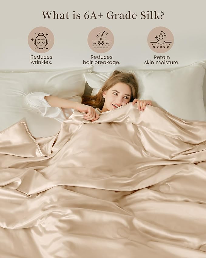 THXSILK Silk Blanket, 100% Muberrry Silk Cooling Throw, Soft and Lightweight Blanket for Bedroom, Sofa, Travel, All-Season (Champagne, 53"x70")