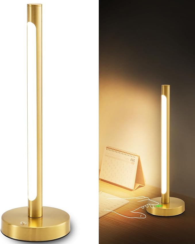 Gold Cordless Table Lamp, 5200mAh Rechargeable Battery Operated Lamp with 3-Levels Brightness, Touch LED Night Light Wireless Minimalist Design for Bedroom Camping Outdoor Patio,Brass