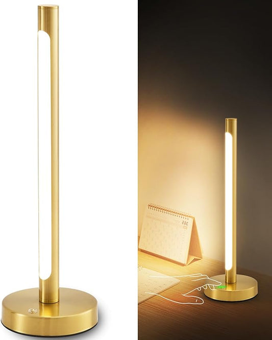 Gold Cordless Table Lamp, 5200mAh Rechargeable Battery Operated Lamp with 3-Levels Brightness, Touch LED Night Light Wireless Minimalist Design for Bedroom Camping Outdoor Patio,Brass