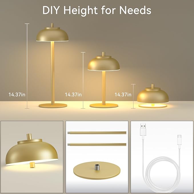 2 Pack Gold Led Cordless Table Lamps Rechargeable,Cordless Touch Lamp Battery Operated-Waterproof-for Outdoor Patio/Restaurants/Home/Dinner