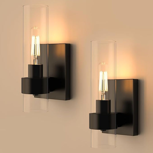 Zevluck Wall Sconces Set of 2, Matte Black Bathroom Vanity Light with Cylinder Clear Glass, Modern Hardwired Vanity Wall Lamps for Bathroom, Bedroom, Living Room, Stairs, Hallway