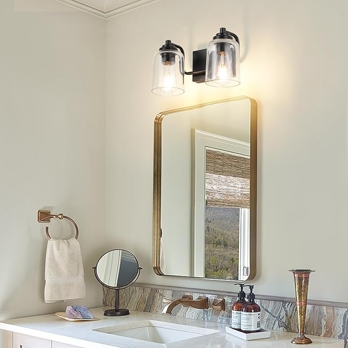 SOLFART Matt Black 2 Lights Wall Sconces Bathroom Light Fixtures Wall Light Fixtures Lighting Fixtures Over Mirror 13.8 Inch Wall Mount
