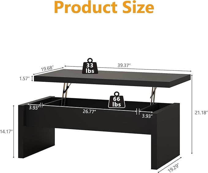 Small Lift Top Coffee Table, Wood Rectangle Coffee Table with Lifting Top and Hidden Storage Compartment, Modern Mid Century Center Tables for Small Space, Living Room, Office-Black
