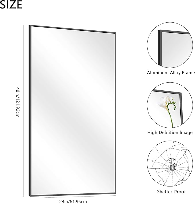 48x24In Black Bathroom Mirror for Wall, Rectangle Mirrors with Metal Frame, Bathroom Rectangular Mirror Modern Wall Mirror for Bedroom Living Room, Entryway Hangs Horizontal or Vertical