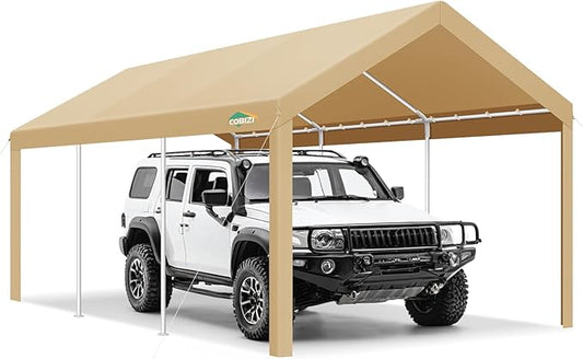 COBIZI Carports 10x20 Heavy Duty Car Tent Garage 2.0, Galvanized Frame Car Canopy Outdoor Shelter Waterproof & UV Protected with Windproof Ropes & Built-in Sandbags for Car Truck Boat, Khaki