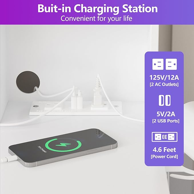 Fameill White Vanity Desk with Mirror,Makeup Vanity with RGB Lights & Power Strip,Makeup Desk Vanity Table with 5 Drawers Lots Storage & Time Display,3 Lighting Modes LED Lighted Mirror,41.3in(L)