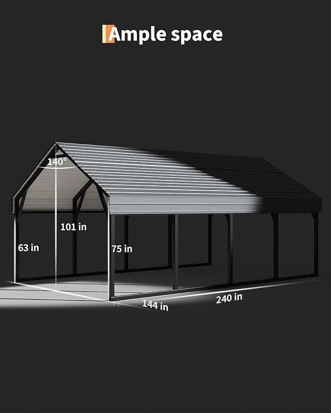 12x20 FT Metal Carport, Reinforced Frame and Steel Roof for All-Weather Use, Permanent Shelter for Bass Boats, Full-Sized Pickup Trucks, and Tractors