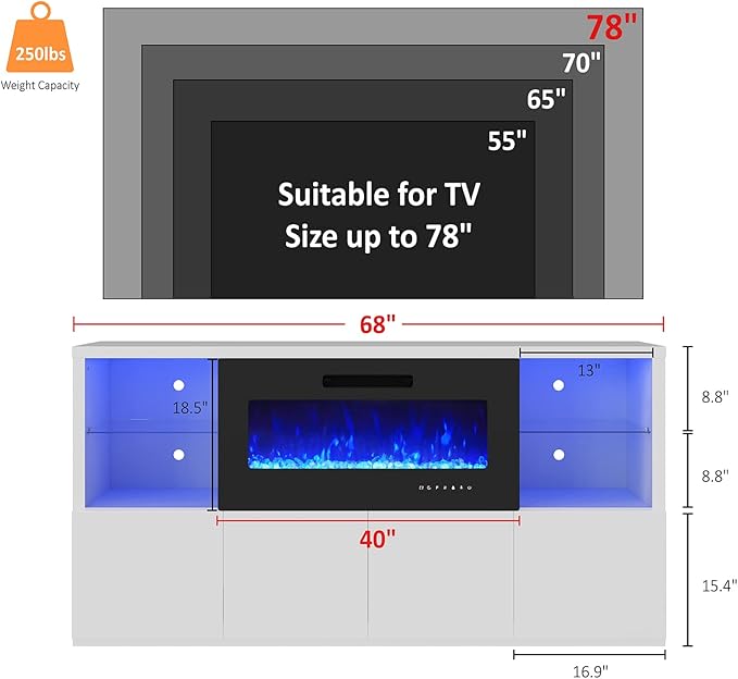 Modern Fireplace TV Stand for TVs up to 75", High Gloss Entertainment Center with 40" Fireplace, 4 Shelves & Storage Cabinets, Media Console Table 68 Inches, Gloss White
