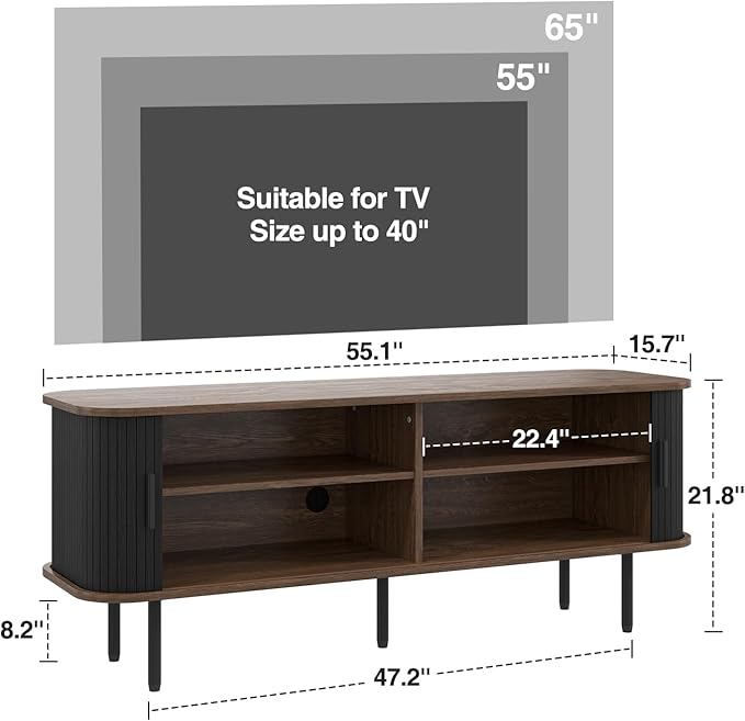 55" Modern Fluted TV Stand for TVs up to 65 Inch, Gaming Entertainment Center with Tambour Slatted Sliding Doors and Storage Cabinet, Media TV Consoles Table for Living Room, Office, Black