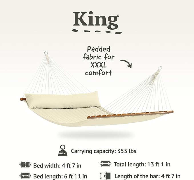 LA SIESTA® Alabama Quilted Hammock with Spreader Bar, Padded Fabric Hammock with Pillow, Weatherproof Outdoor Hammock, 2 Person Double Hammock for Outside Heavy Duty - Max 355 Lbs, XL King, Vanilla