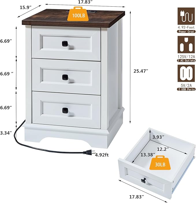 SOOWERY Dresser for Bedroom, Farmhouse Dresser with 3 Wooden Drawers and Storage Cabinet, 25 Inches Tall Side Table Chest of Drawers for Bedroom, Living Room, Hallway, White