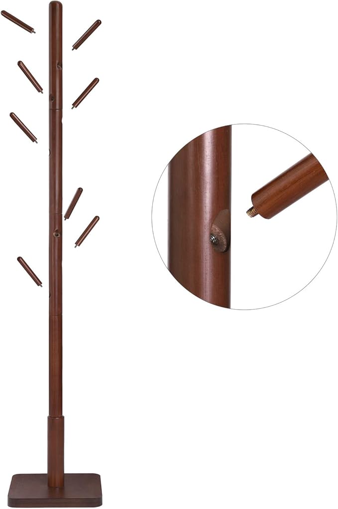 VASAGLE Solid Wood Coat Rack, Free Standing Hall Coat Tree with 8 Hooks, 3 Height Options, for Coats, Hats, Bags, Purses, for Entryway, Hallway, Rubberwood Hooks and Pole, Dark Walnut URCR010W01