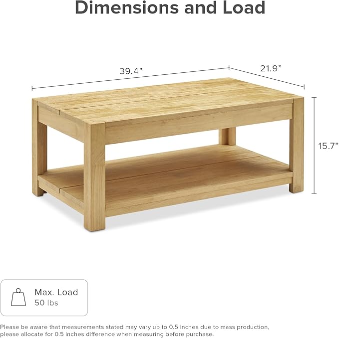 mopio Logan Solid Wood 2-Tier Rectangle Coffee Table, Modern Farmhouse Solid Rubberwood with Light Wire Brush L Shaped Leg Joint